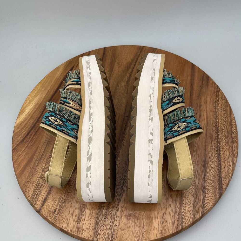 Teva Flatform Ceres Sandals Womens Size 8 Teal Blue Aztec Design Boho Fringe - Picture 6 of 9